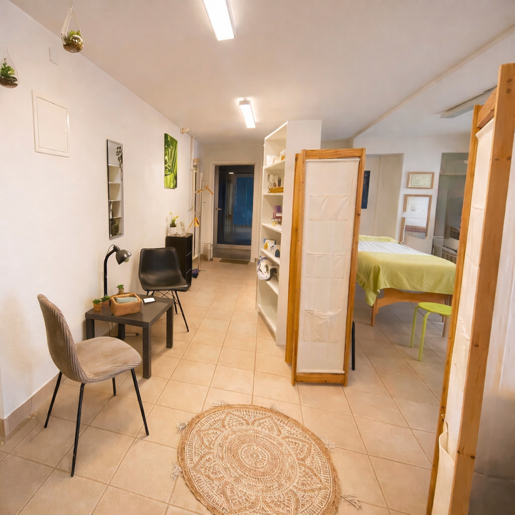 Cabinet de réflexothérapie calme à Meyrin, espace de consultation dédié à l’accompagnement du stress et de la surcharge